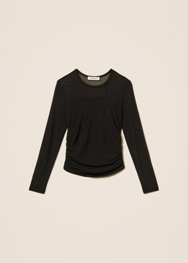 T-shirt in tulle con arricciatura