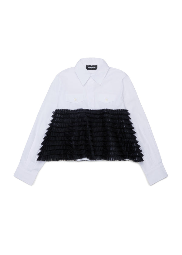 Camicia corta con balze plissé a contrasto per ragazza