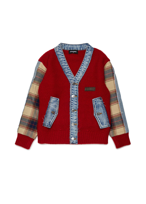 Cardigan con bordi in denim e maniche a quadri per ragazzi