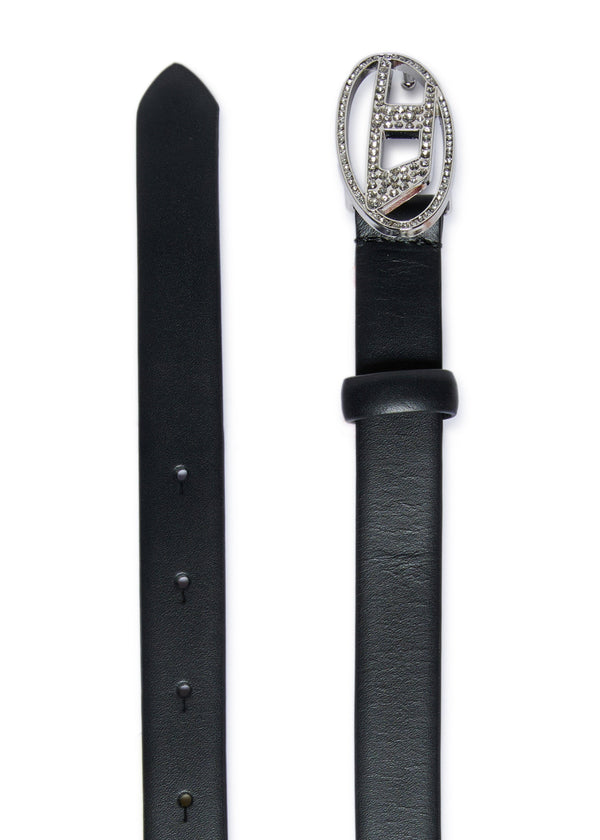 Cintura in pelle con fibbia logo di strass per bambina