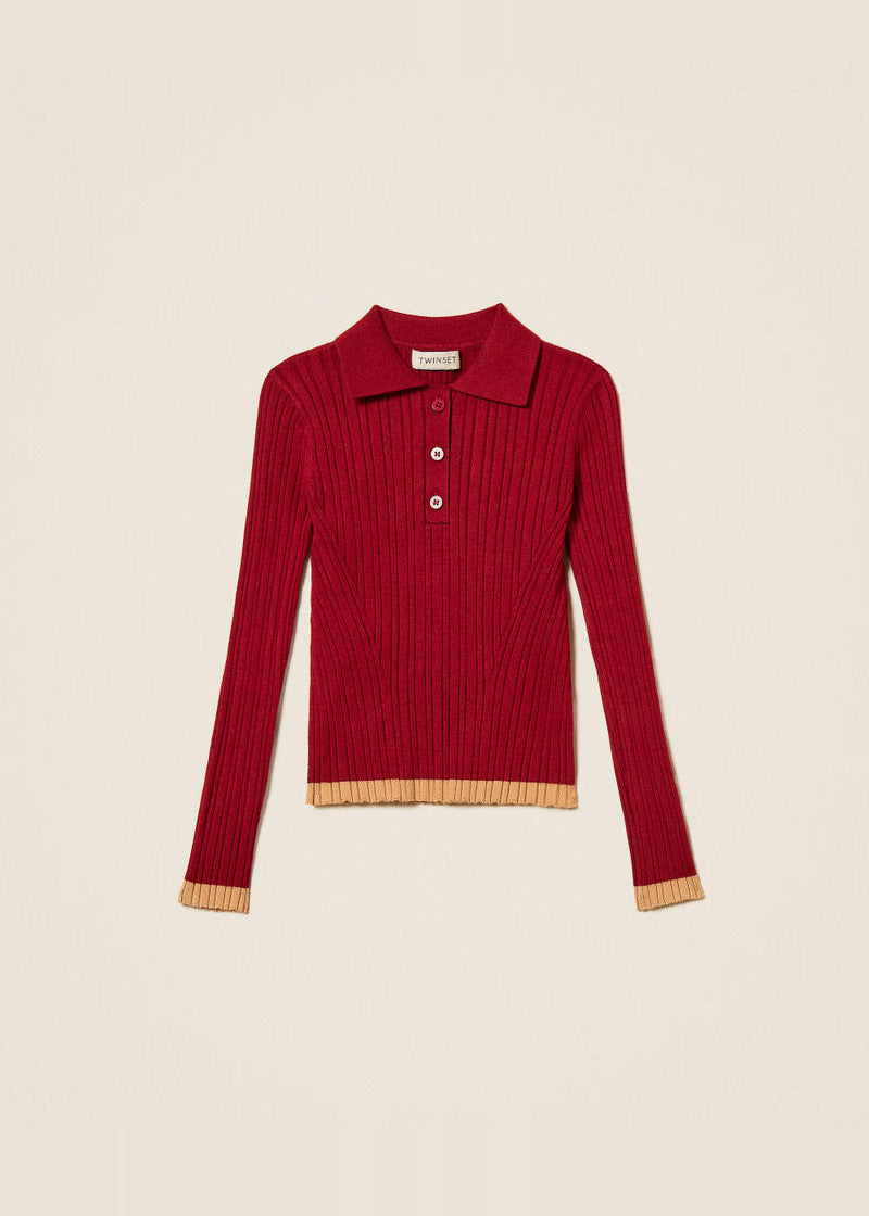 Maglia a polo a costine con dettagli a contrasto