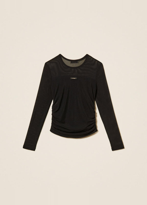 T-shirt in tulle con arricciatura