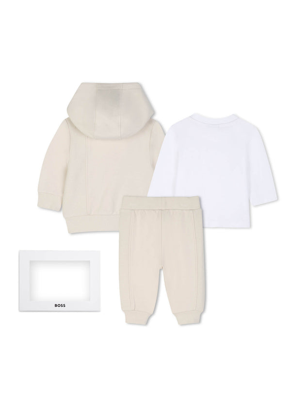 BOSS Kids Set cardigan con cappuccio, pantaloni e t-shirt in cotone biologico - Nuovo beige