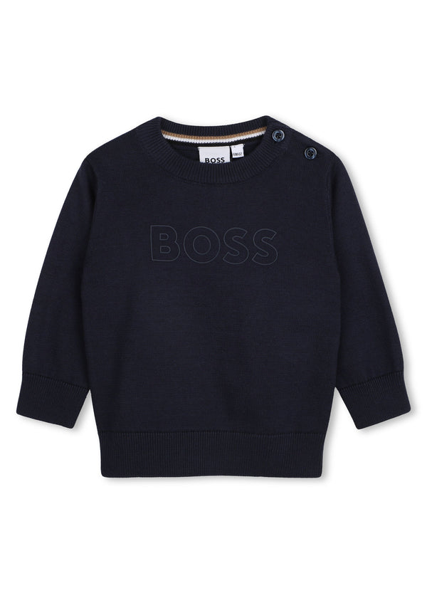 BOSS Kids Maglione in cotone con logo in rilievo - Marine