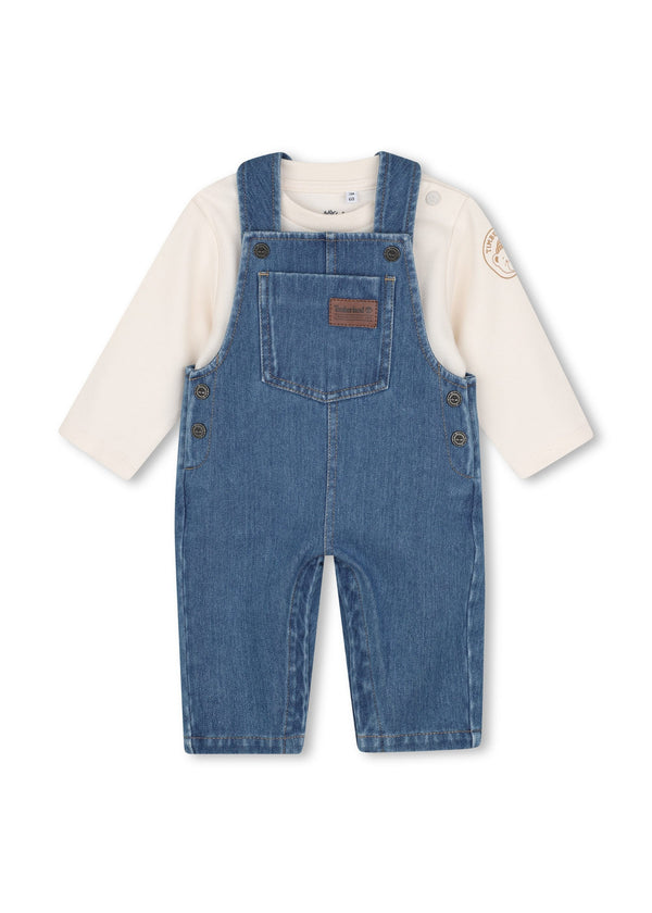 Timberland Kids Set salopette in denim e maglia a maniche lunghe - Grigio mare