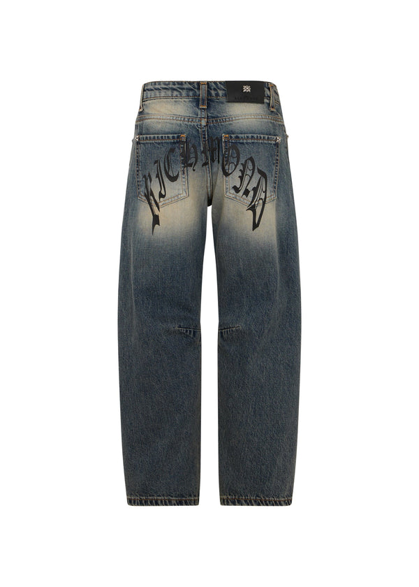 Richmond Junior Jeans a gamba ampia con lavaggio dirty e logo gotico - Denim Dirty Effect