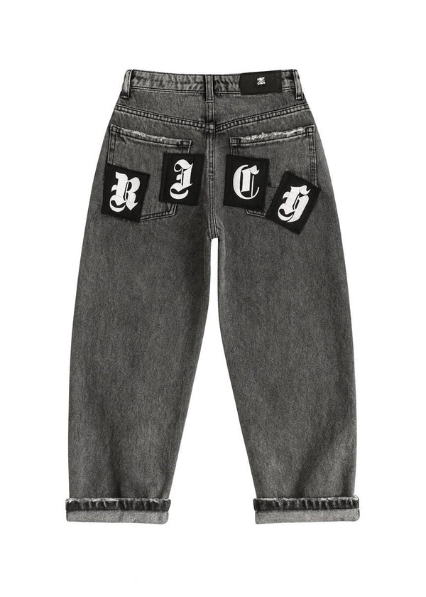 Richmond Junior Jeans a gamba ampia con toppe lettera sul retro - Denim Black