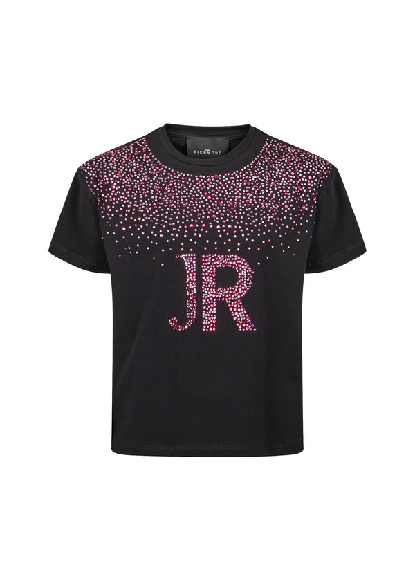 Richmond Junior T-shirt con logo JR in strass e spalle decorate - Black