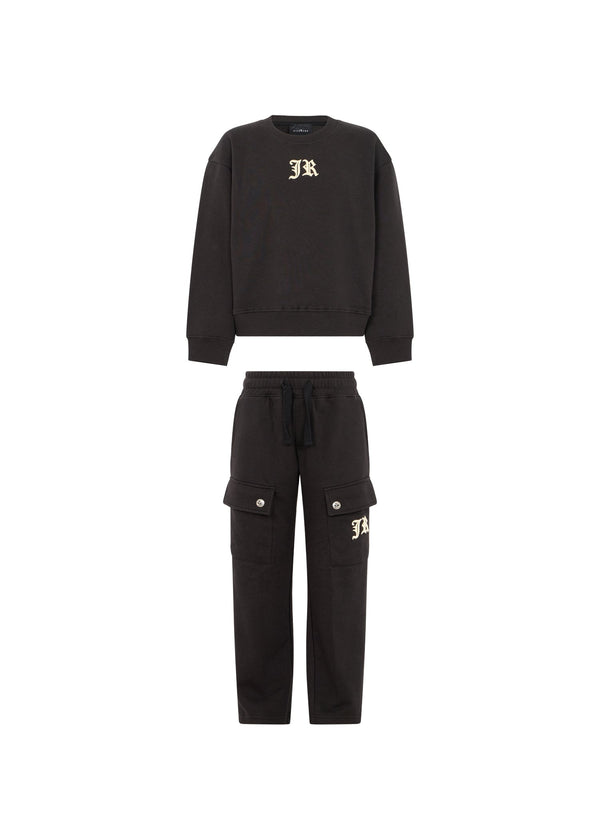 Richmond Junior Completo felpa girocollo e pantaloni cargo con logo JR - Black