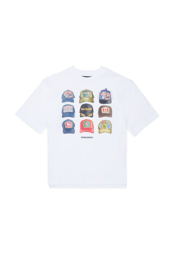 T-shirt con stampa cappellini e logo