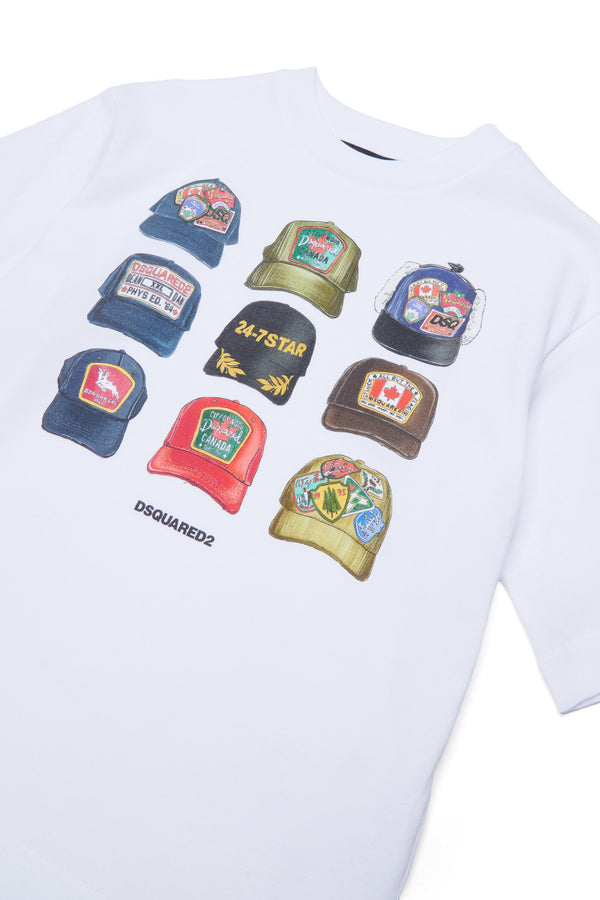 T-shirt con stampa cappellini e logo