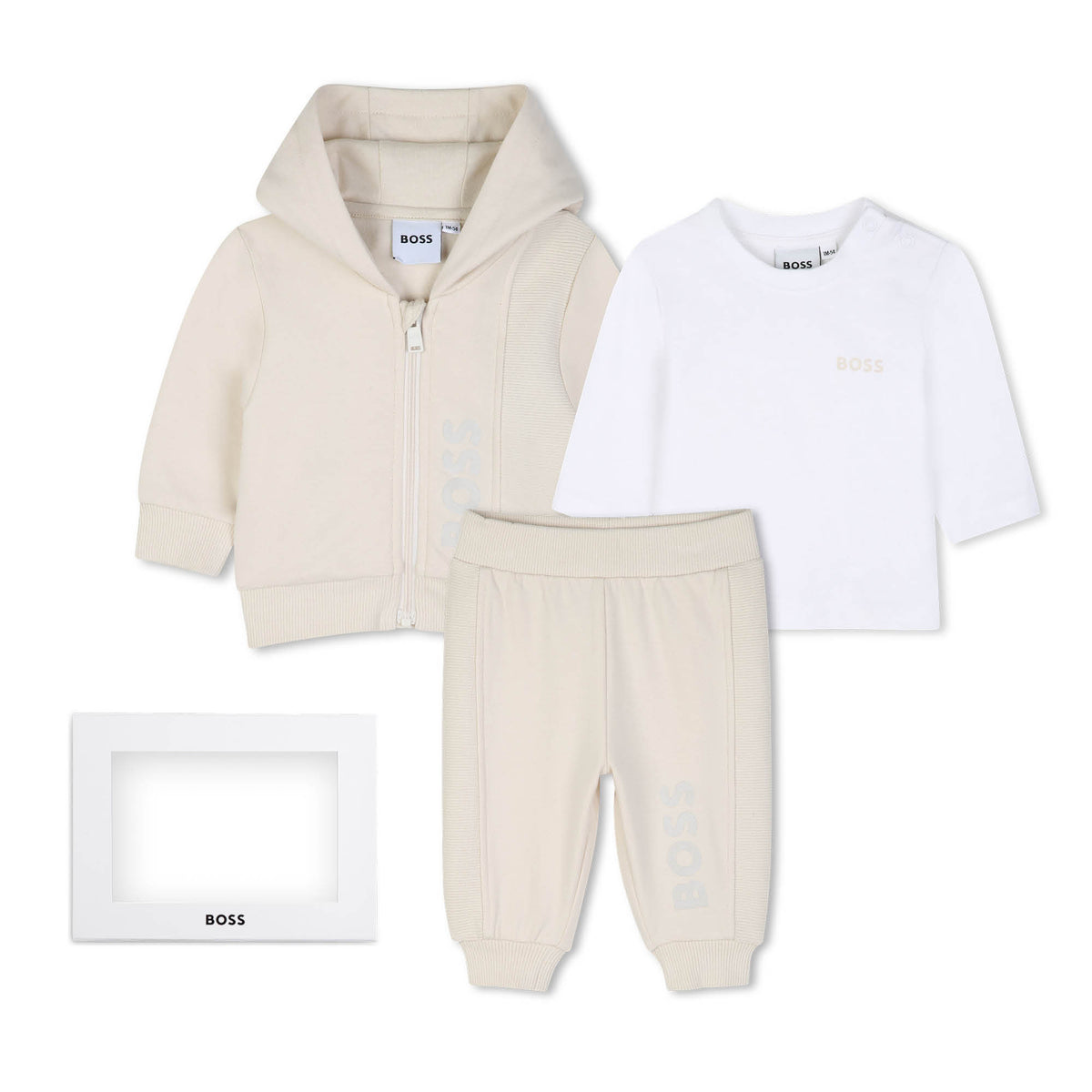 BOSS Kids Set cardigan con cappuccio, pantaloni e t-shirt in cotone biologico - Nuovo beige