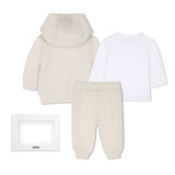 BOSS Kids Set cardigan con cappuccio, pantaloni e t-shirt in cotone biologico - Nuovo beige