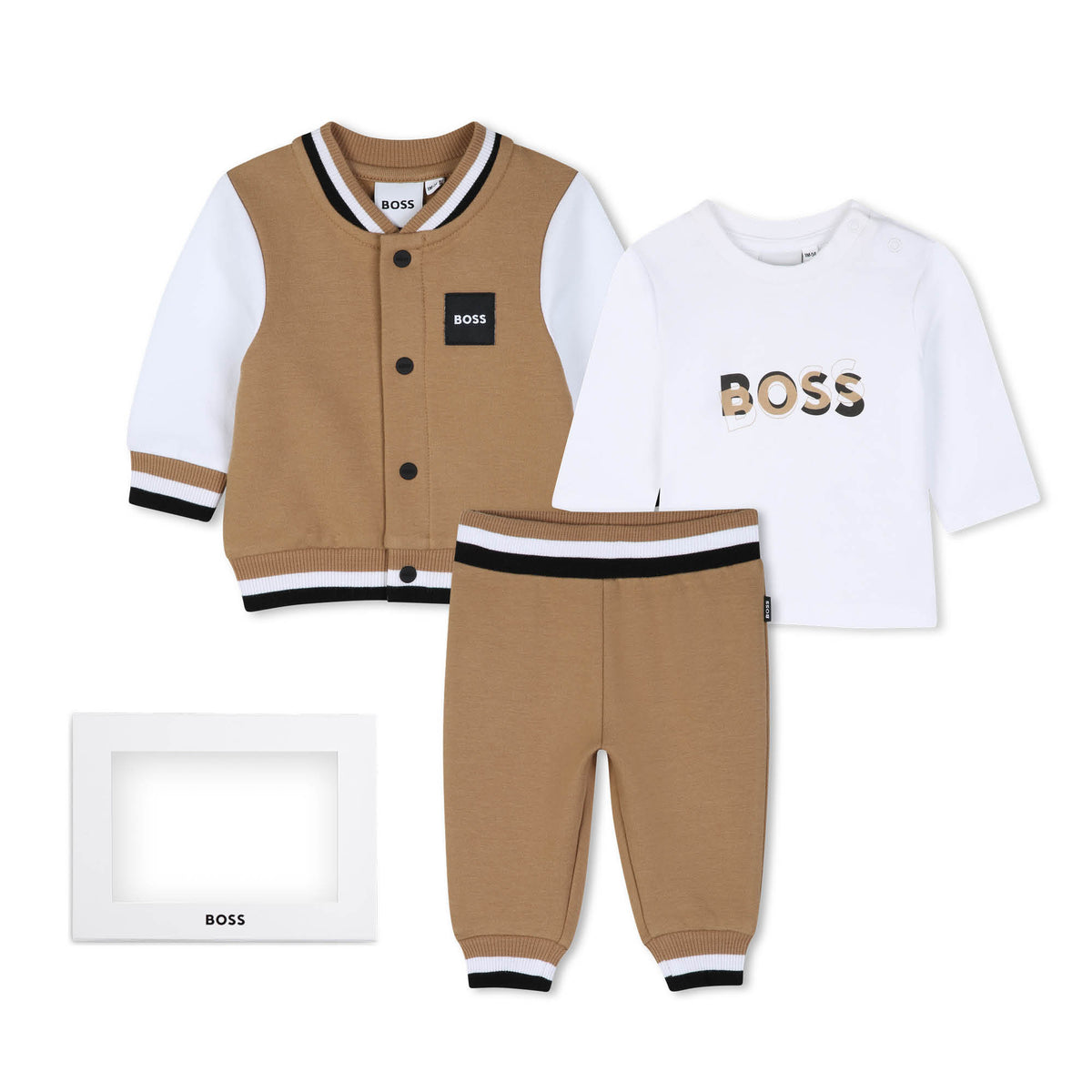 BOSS Kids Set cardigan, pantaloni e maglia in cotone biologico - Biscotto