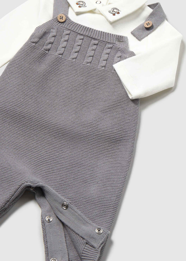 Completo 3 pezzi salopette a maglia neonato - Cenere