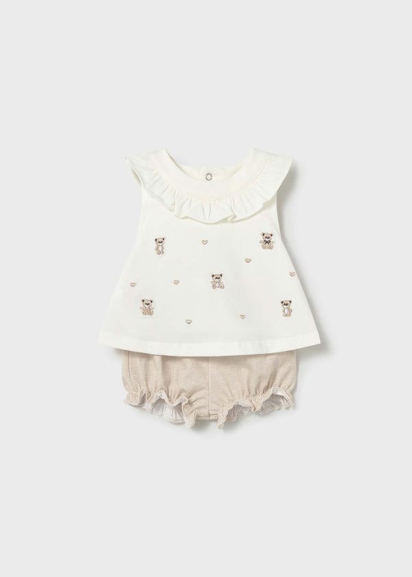 Completo 4 pezzi colletto volant neonata - Grano