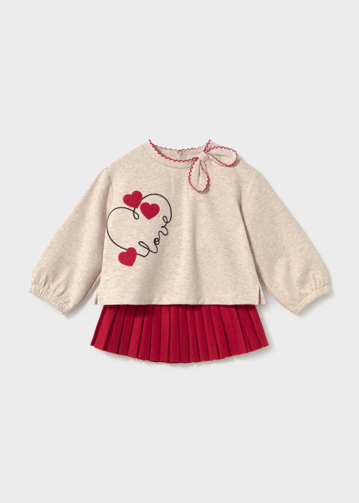 Completo felpa cuori e gonna plissettata neonata - Rosso