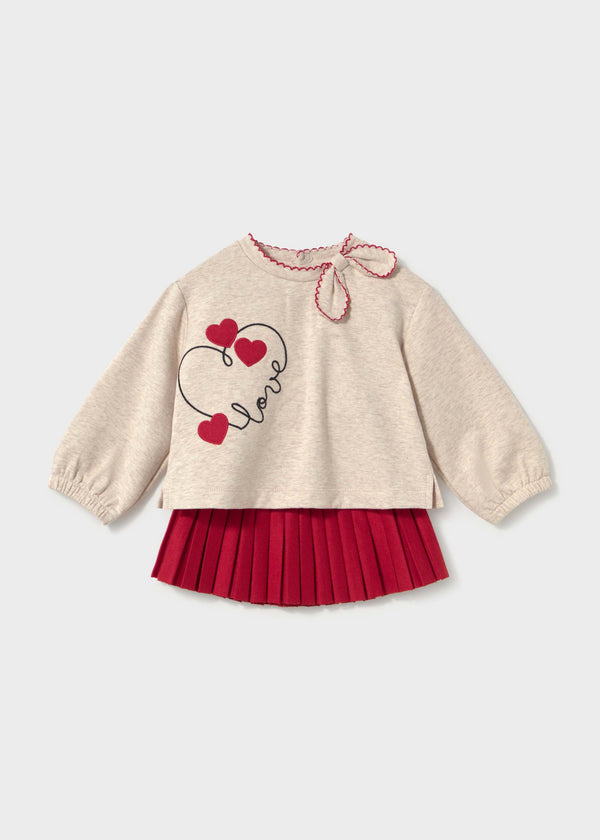 Completo felpa cuori e gonna plissettata neonata - Rosso
