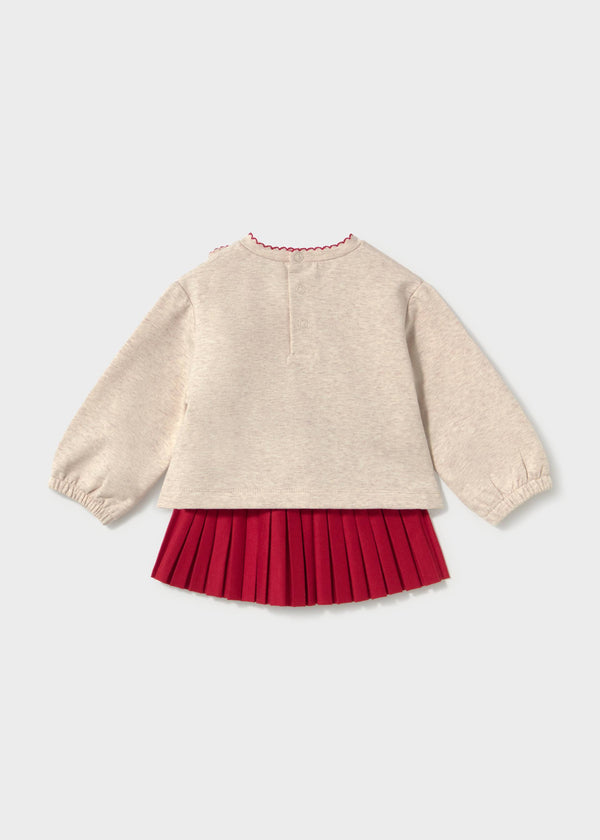 Completo felpa cuori e gonna plissettata neonata - Rosso
