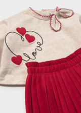 Completo felpa cuori e gonna plissettata neonata - Rosso