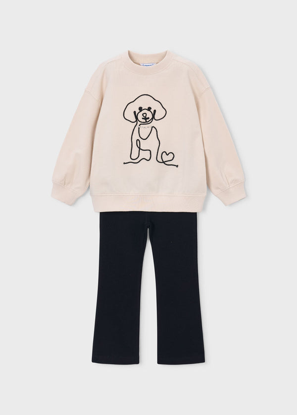 Completo leggings a zampa e felpa con cane bambina - Nero