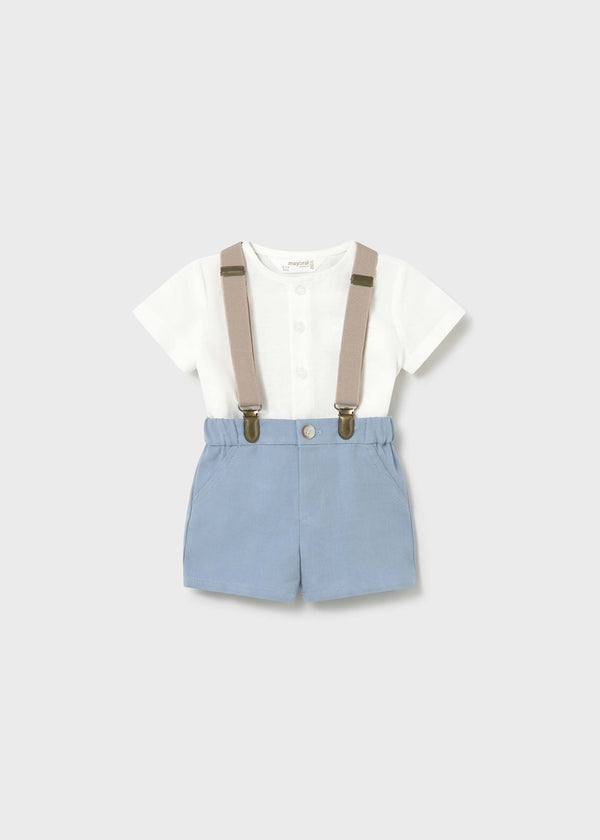 Completo pantaloncino bretelle e camicia neonato - Polvere