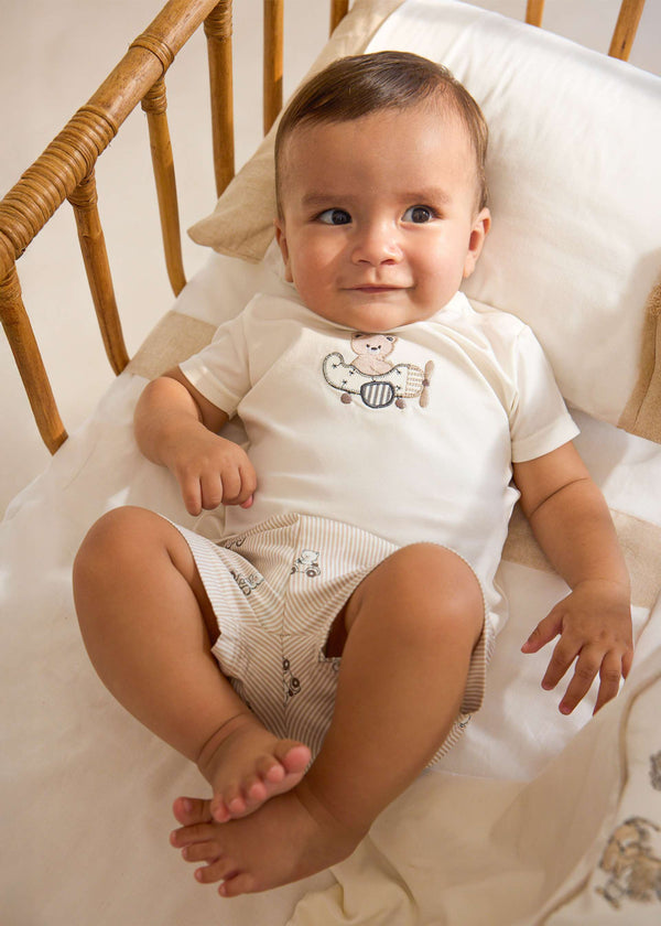 Completo pantaloncino e maglietta orsetto neonato - Tortora