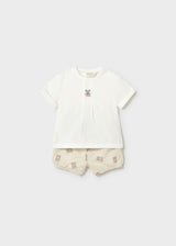Completo pantaloncino stampato e maglietta neonato - Tortora