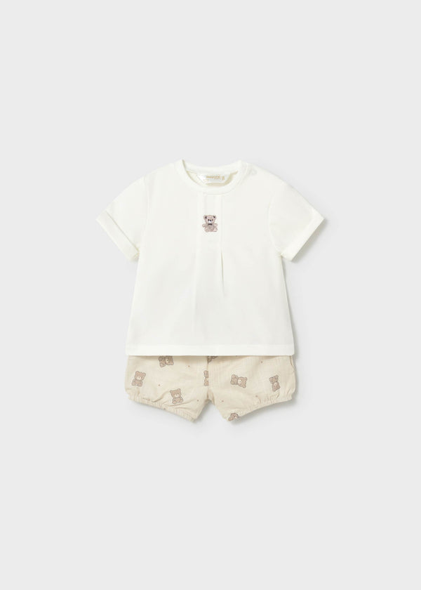 Completo pantaloncino stampato e maglietta neonato - Tortora