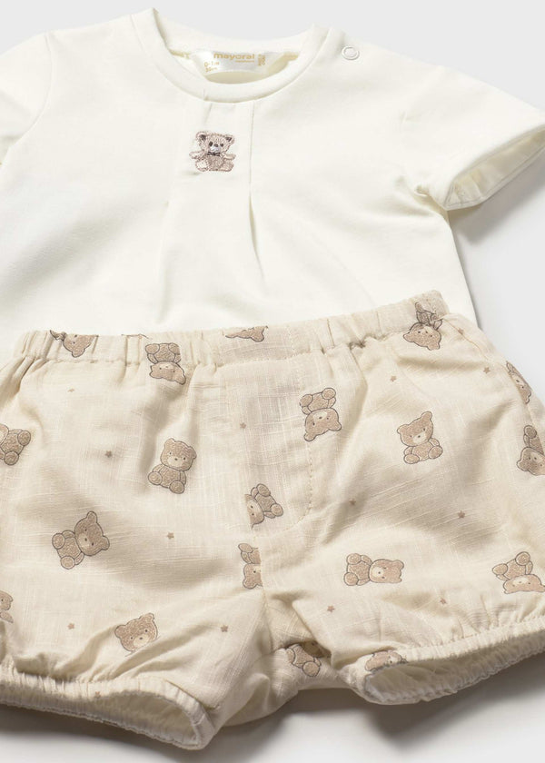 Completo pantaloncino stampato e maglietta neonato - Tortora