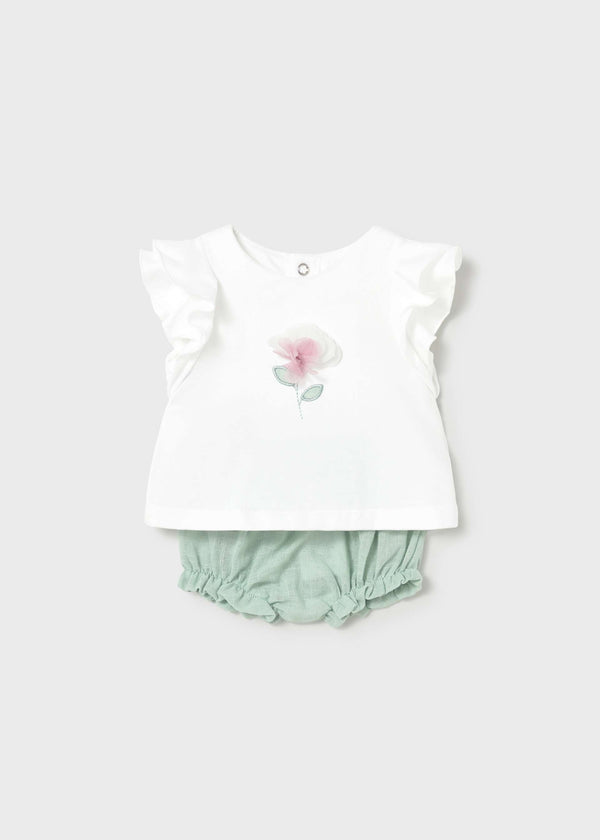 Completo pantalone e maglietta con fiore neonata - Acqua