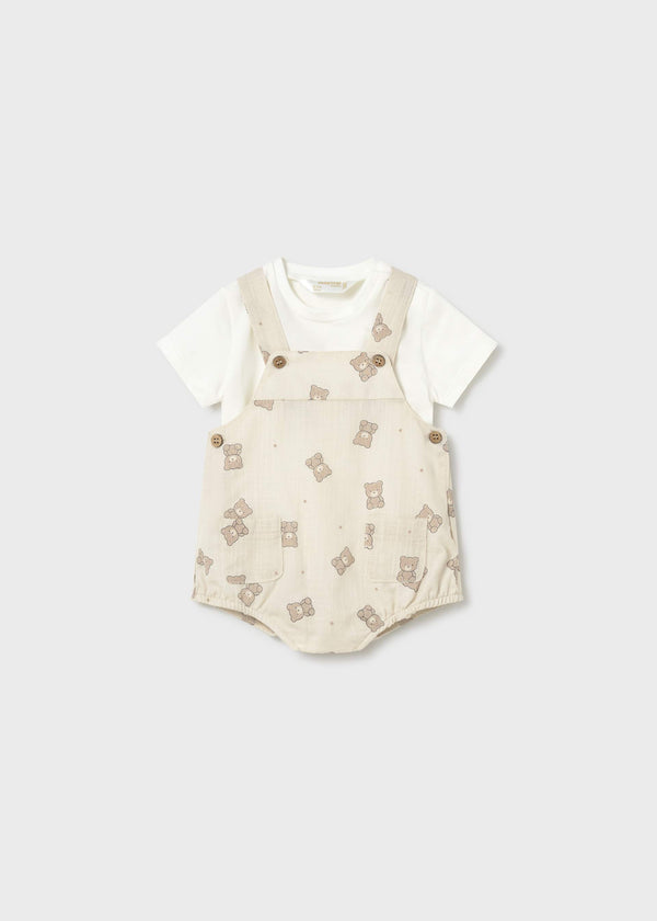 Completo salopette stampata e maglietta neonato - Tortora