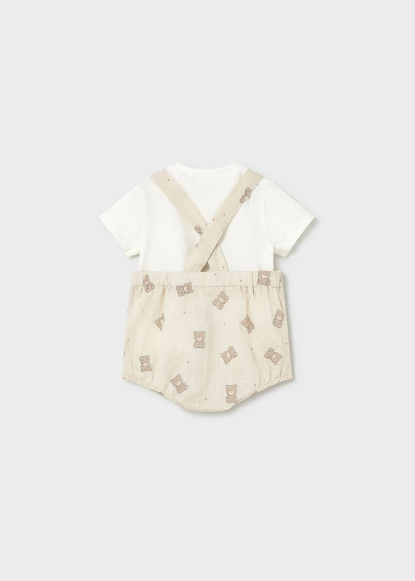 Completo salopette stampata e maglietta neonato - Tortora