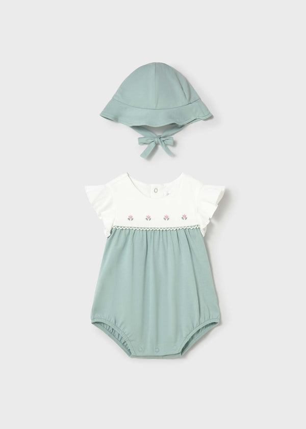 Pagliaccetto fiorellini con cappello neonata - Acqua