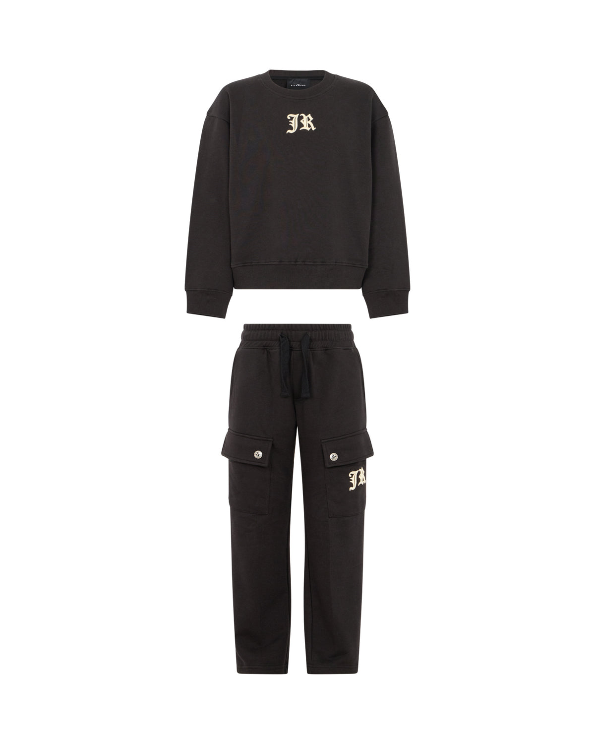 Richmond Junior Completo felpa girocollo e pantaloni cargo con logo JR - Black