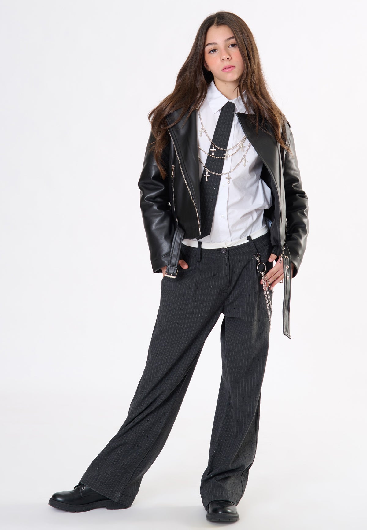Pantalone gessato con strass ragazza - Grigio