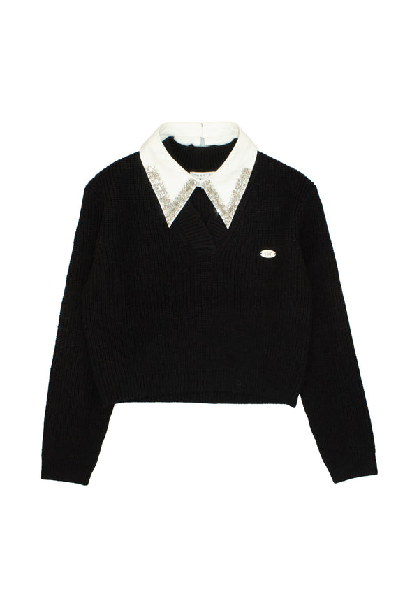 Maglia con collo camicia ragazza - Nero
