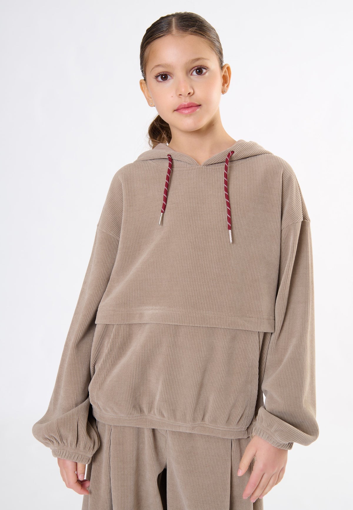 Maglia in velluto con cappuccio ragazza - Tortora