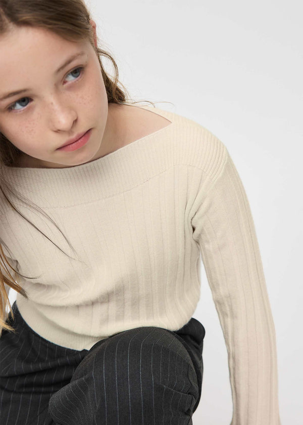 Top corto a costine ragazza - Crema