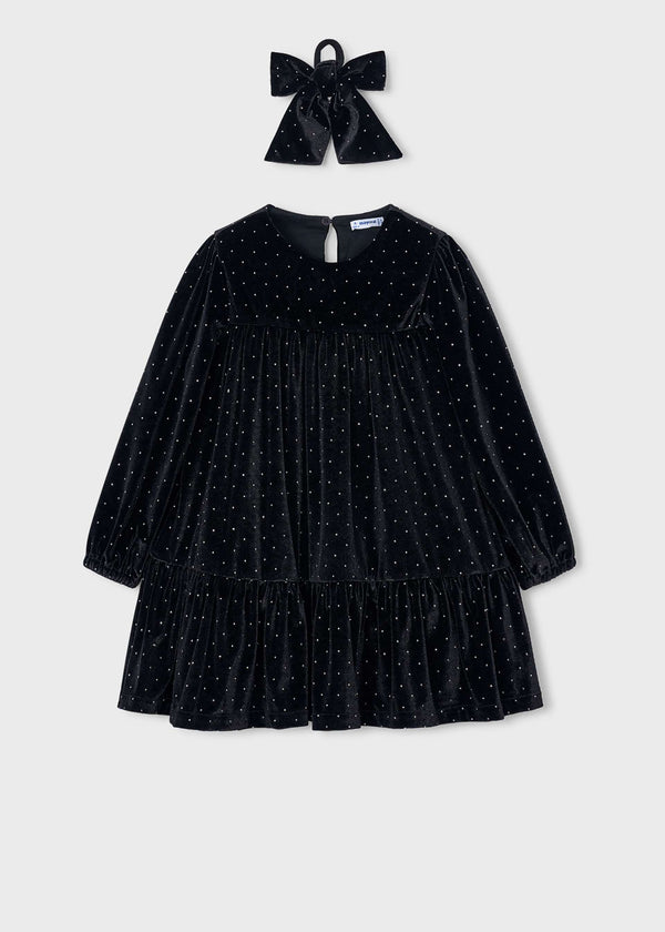Vestito velluto con elastico per capelli bambina - Nero